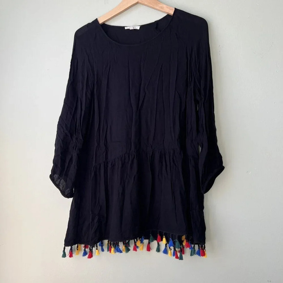 Pleione Black Tunic Top‎ With Multicolor Tassels Womens L - Picture 1 of 2